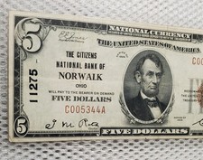1929 $5 moneta nazionale sigillo marrone banconota cittadini NB di Norwalk, Ohio #11275