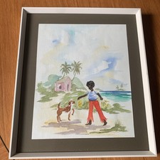 Jenny Dunn Bahamas acquerello 1981 bambino e cane spiaggia paesaggio marino opera originale