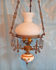 antico elegante lampadario in bronzo dorato ceramica paralume opalina x salotto