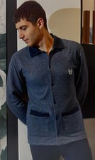 Pigiama Uomo GMV Cotone Felpato Aperto Davanti Classico Blu Con Tasche Invernale