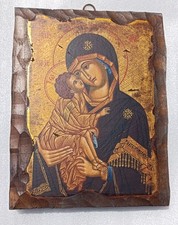 Quadro Antico Madonna con Gesù Icona in Legno ed Oro Fatto a Mano Rinascimentale