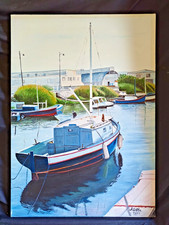 Dipinto A. Olla barche porto 50x70 cm olio su tela 2002 senza cornice