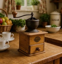 Antico Macinino macina Caffe in legno Vintage con cassetto e manovella Manuale