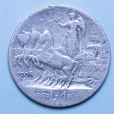 VITTORIO EMANUELE III LIRA 1908 QUADRIGA VELOCE RARA MB ARGENTO SILVER COIN