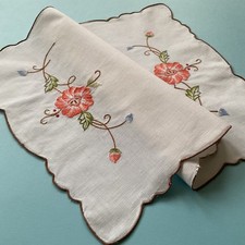 Centrino rettangolare vintage tovaglietta lino ricamo catenella fiori 41x28 cm