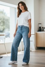 JEANS DONNA WIDE CON PERLE