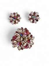 Set orecchini clip spilla fiore vintage cristallo rosa perle finte