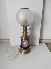 ANTICA LAMPADA O LUME DA TAVOLO PORCELLANA BLU OTTONE  IN VETRO H59 Cm.