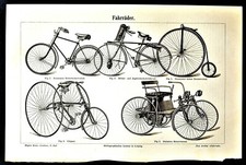 1904 Antica Stampa.TRICICLO, CICLI, BICICLETTE VARIE TIPOLOGIA Tav.I.MEYERS.Etna