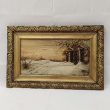 Quadro olio su tavola soggetto cancello di ingresso sotto nevicata con cornice