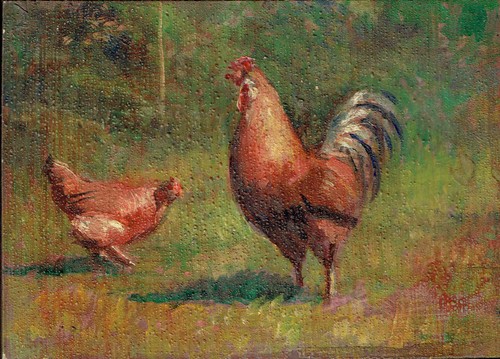 Dipinto olio tavoletta galline - dipinto,