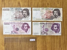 LOTTO 4 BANCONOTE LIRE 100000 CARAVAGGIO 50000 BERNINI 1º E 2º TIPO Q11