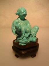 Bellissima Statuetta Cinese ragazza con coniglio Pietra Turchese Fine XIX secolo