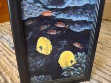 Dipinto olio vintage vecchio tema acquario acqua salata tropicale farfalla pesce incorniciato