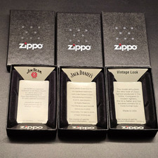 3x Zippo scatola: Jack Daniels, Jim Beam, look vintage SOLO IMBALLAGGIO, SCATOLA