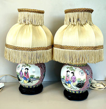 COPPIA ABATJOUR LAMPADA VINTAGE BASE VASO PORCELLANA FAMILLE ROSE PARALUME '60s