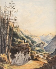 Scena romantica di montagna, 1840 circa, Aq. Paesaggio Biedermeier sconosciuto (XIX secolo)