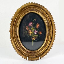Quadro dipinto a olio firmato quadretto in miniatura ovale oro fiori antico