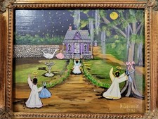 Quadro primitivo Mary Barwick Alabama angeli cicogna consegna bambino arte popolare