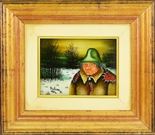 DRAGAN BOBOVEC ( CROAZIA, 1950) QUADRO DIPINTO OLIO SU VETRO NAIF con Cornice