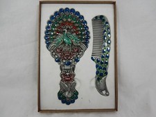 Bellissimo specchio trucco vintage con pettine abbinato metallo smaltato NUOVO mod.1