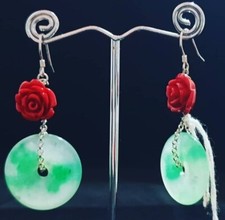 Orecchini pendenti in Agata, Argento 925 e roselline in resina rossa