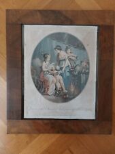Bella incisione francese a colori con angioletto e cornice in legno antico.