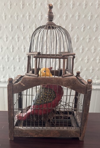 Antique wooden bird cage - bird, dome