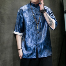 Camicia Tang Cinese Da Uomo In Seta Jacquard Satinato Top Blusa Manica Mezza