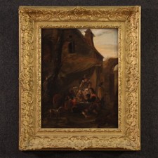 Scuola fiamminga quadro antico olio su legno dipinto giocatore di carte XVIII secolo