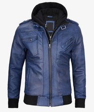 Giacca con cappuccio uomo stile bomber streetwear look pelle di pecora blu
