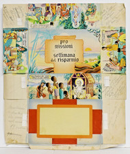 Disegno Bozzetto Tempera su cartoncino " LA SCATOLA PRO MISSIONE..." anni '50