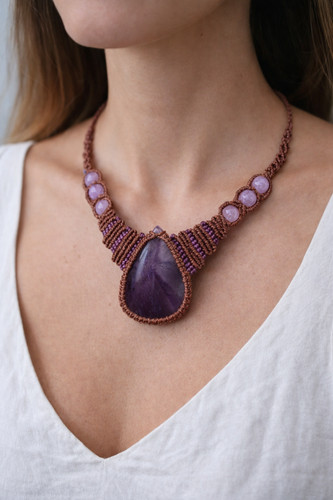 Collana macramè con ametista - macramè,