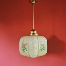 Lampada a sospensione in vetro opalino panna art deco metà secolo 50 illuminazione ottone