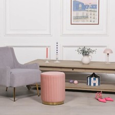 Sgabello da toeletta pouf rotondo a costine bordo oro rosa velluto quarzo