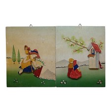 *HH* Coppia Quadretti Vintage Bambini Dipinto Legno Tirolese Quadro Paint
