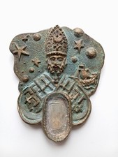 Antica Grande Icona Di San Nicola In Bronzo Massiccio