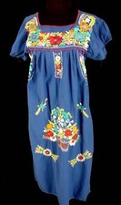 Abito MEX Ricamato In Cotone Blu Vintage Anni '70-'80