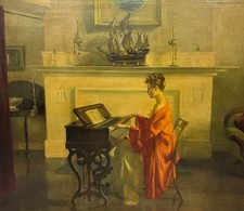 Litografia vintage Marguerite Stuber Pearson "Al Melodeon" su legno grande