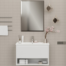 MOBILE BAGNO SOSPESO CON LAVABO CERAMICA E SPECCHIO 1CASSETTO 1 VANO 80cm BIANCO