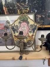 Applique vintage in ottone e ceramica decorata – stemma castello – anni ’50/’60