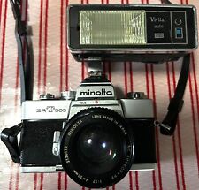 Fotocamera Minolta SRT 303 35mm con flash automatico Vivitar 281 non testata