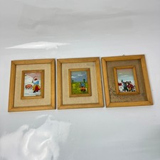 Tris di dipinti naif firmati Prokovic - arte popolare jugoslava, cornice legno