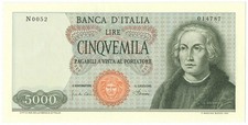 5000 LIRE CRISTOFORO COLOMBO I TIPO MEDUSA 04/01/1968 SUP+