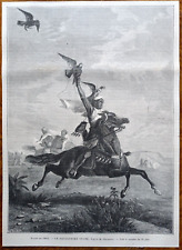 Stampa antica Falcone Falconiere Cavallo arabo xilografia originale 1863