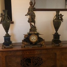 Sveglia antica + 2 putti bronzo e alabastro XIX secolo Francia