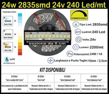 Striscia Led 24 Watt 24 Volt Bianche 2835 240 Led/mt Kit 5/10/15m Strip 24w 24v