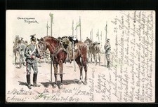 Cartolina artistica Carl Becker: Soldatini e cavalli a colazione insieme 1914 