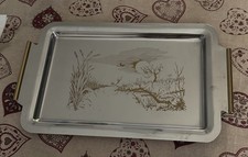 Vassoio vintage in acciaio con manici dorati e decoro inciso cm 35 X 24