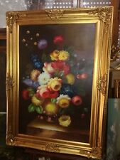DIPINTO OLIO SU TELA"VASO FLOREALE"CORNICE IN LEGNO FOGLIA ORO 81x111